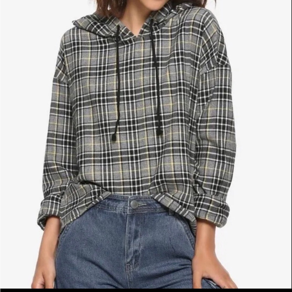 Plus Size Hottopic Black White Yellow Cropped Flannel Hoodie